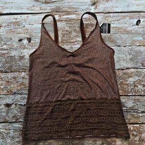 🍫Rampage Brown Shimmer Lace Trim Camisole Small Y2K Sparkle Silver